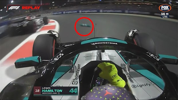 Lewis Hamilton had a bollard lodged underneath his Mercedes in qualifying for the season-ending Abu Dhabi Grand Prix, his final race with Mercedes.