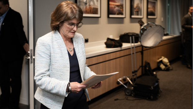 Reserve Bank Governor Michele Bullock during a press conference at the RBA, after interest rates were left on hold.