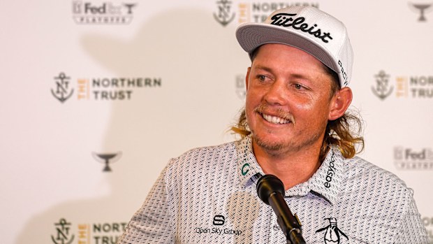 Cameron Smith of Australia smiles while talking about his course record round during the third round of THE NORTHERN TRUST at Liberty National Golf Club on August 21, 2021 in Jersey City, New Jersey. (Photo by Tracy Wilcox/PGA TOUR via Getty Images)