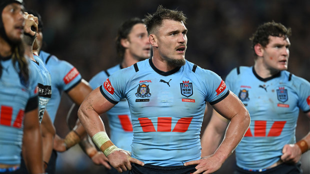 Angus Crichton and NSW Blues teammates looking dejected during State of Origin game 1.