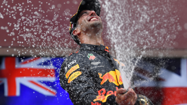 Race winner Daniel Ricciardo of Australia and Red Bull Racing celebrates on the podium during the Monaco Formula One Grand Prix at Circuit de Monaco on May 27, 2018 in Monte-Carlo, Monaco. (Photo by Dan Mullan/Getty Images)