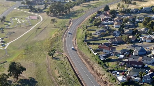 Drones are being used to find stolen vehicles and assist road safety. In this photo, a Tasmania Police drone tracks vehicles on a road. 