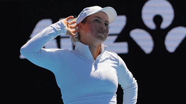 Yulia Putintseva of Kazakhstan reacts after defeating Zeynep Sonmez of Turkey.