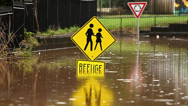 Floodwater inundates a road on March 29, 2022 in Lismore, Australia. 