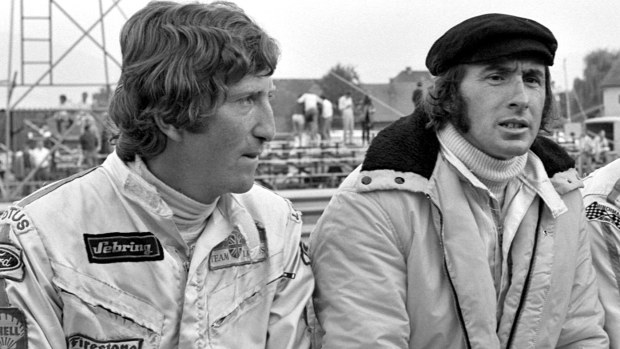 Jochen Rindt (left) and Jackie Stewart at the 1970 Austrian Grand Prix, three weeks before Rindt's death.