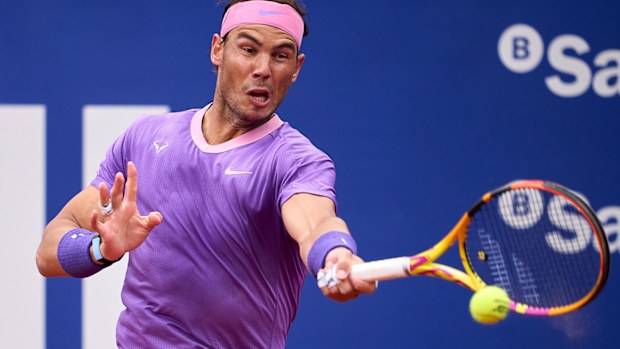 Rafael Nadal of Spain plays a forehand against Ilya Ivashka of Belarus in their second round match during day three of the Barcelona Open.