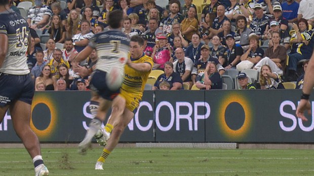 Scott Drinkwater was penalised for contact on Mitchell Moses during an attempted drop goal.
