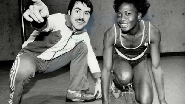 Rookie coach John Mumford with his prize pupil, Angela Bailey in 1981