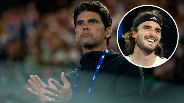 Mark Philippoussis and Stefanos Tsitsipas pictured during the Australian Open