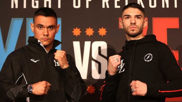 Boxers Tim Tszyu and Michael Zerafa face off at a press conference at The Star Casino.
