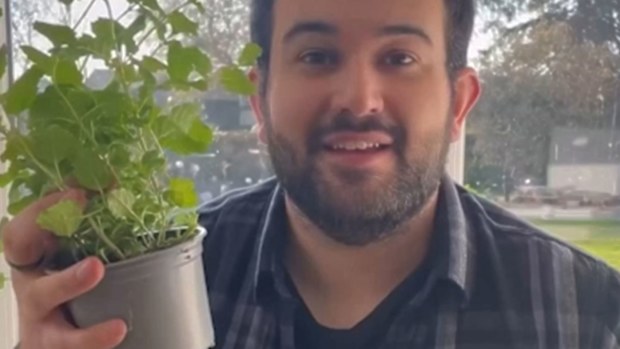 Gardener Joe with a herb pot purchased from the supermarket.