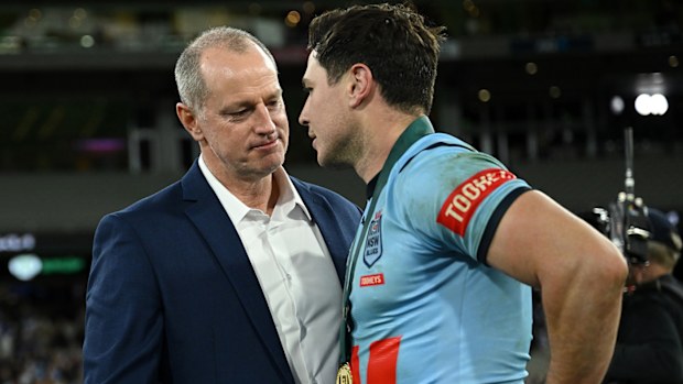 Blues coach Michael Maguire and player of the match Mitchell Moses after State of Origin II in Melbourne.