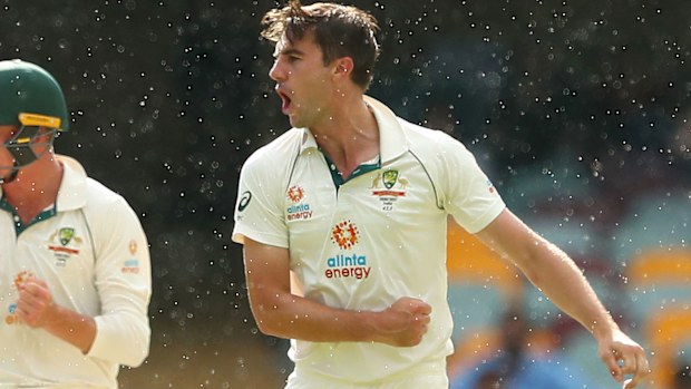 Pat Cummins takes a crucial wicket on Day five at the Gabba. (Getty)