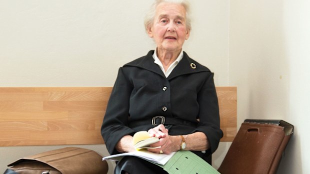 Ursula Haverbeck sitting in front of the conference room of the state court in Detmold, Germany in September 2, 2016. (AP)