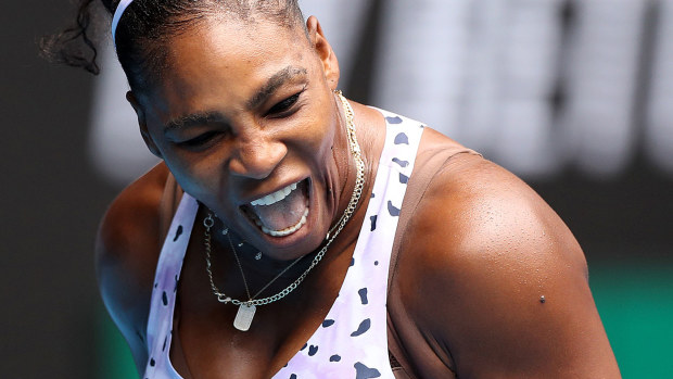  Serena Williams of the United States celebrates a point during her Women's Singles first round match