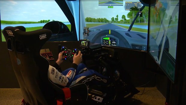 The full motion-based simulator as Christian Pancione prepares for Bathurst.