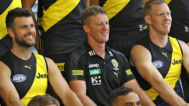 Trent Cotchin, coach Damien Hardwick and Jack Riewoldt