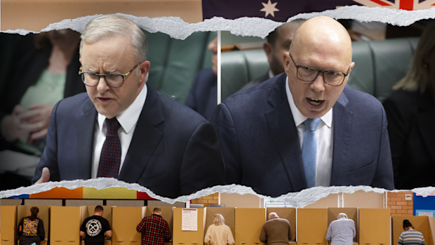 Anthony Albanese, Peter Dutton, and voters during an election.