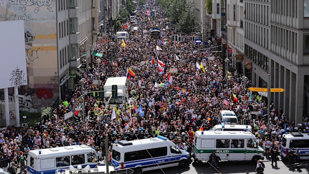 Coronavirus skeptics and right-wing extremists march in protest against coronavirus-related restrictions and government policy on August 29, 2020 in Berlin, Germany