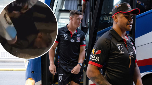 Latrell Mitchell and Jack Wighton on Monday morning, and (inset) Mitchell's arrest on Sunday morning.