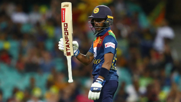 Pathum Nissanka of Sri Lanka acknowledges the crowd after scoring a half century 