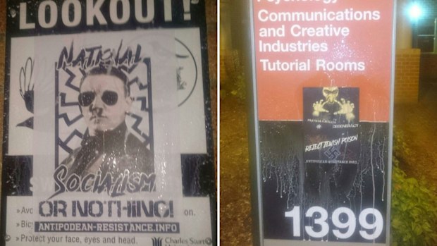 Some of the neo-Nazi group's posters at Charles Sturt University, Bathurst. 