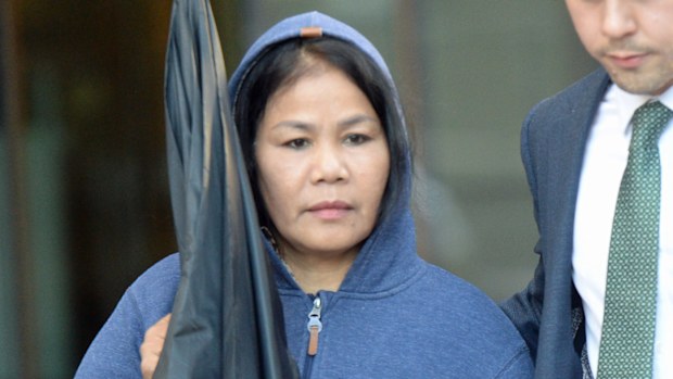 Rungnapha Kanbut leaves the Downing Centre District Court, Sydney, Wednesday, April 10, 2019. Kanbut, 57, is on trial after pleading not guilty to six charges including intentionally possessing a slave and dealing with the proceeds of crime.