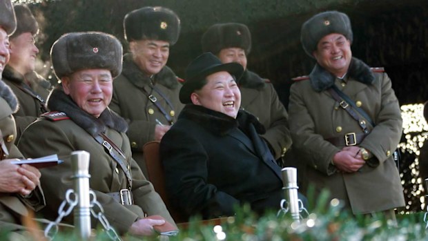 Kim Jong-Un views a military exercise. (AAP)