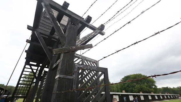 The wooden main gate leads into the former Nazi German Stutthof concentration camp in Sztutowo, Poland.
