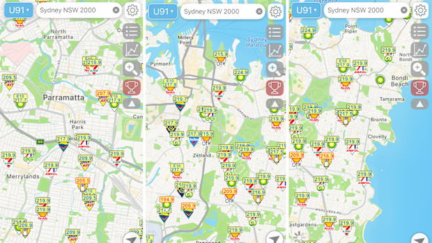 Screenshots from Petrol Spy at lunchtime on Monday, March 9, shows fuel costs more than $2 a litre across most of Sydney.