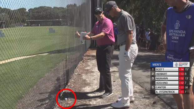 Adam Scott's ball was determined to be out of bounds on the seventh hole.
