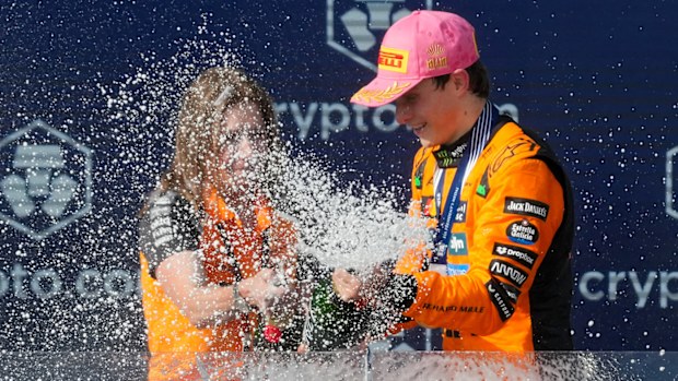 Oscar Piastri and Lando Norris on the podium following the Formula 1 Crypto.Com Miami Grand Prix 2025 in Miami, USA, on May 4, 2025. ((Photo by Hasan Bratic/Alessio Morgese/NurPhoto)
