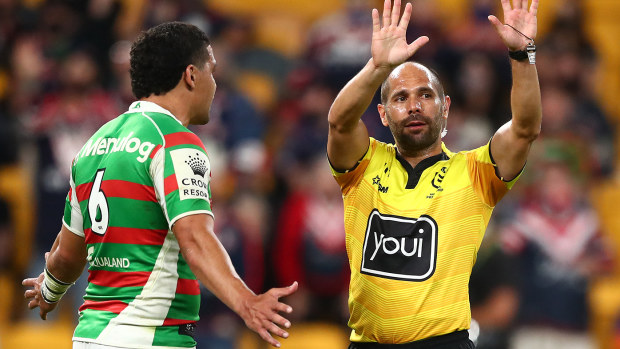 Referee Ashley Klein sends Latrell Mitchell of the Rabbitohs to the sin-bin for a high tackle on Joseph Manu of the Roosters.