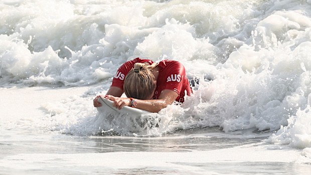 Stephanie Gilmore of Team Australia reacts after losing her Women's Round 3 heat