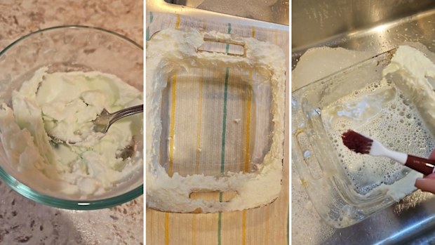 Mindy Hyer used a DIY cleaning paste hack to clean her grease-stained glass dish