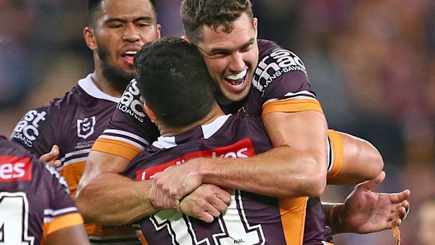 Corey Oates of the Broncos celebrates the golden point win over Parramatta last month.
