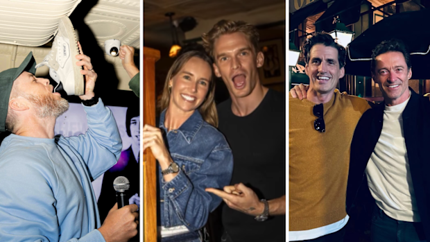Hamish Blake, Cody Simpson, Emma McKeon, Andy Lee and Hugh Jackman at Old Mates Pub New York 2025 