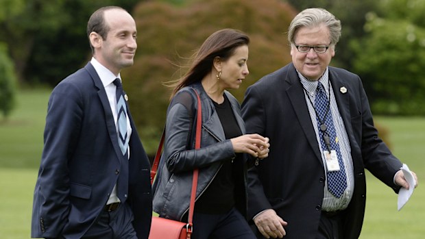 Stephen Miller and Steve Bannon, here with deputy National Security Adviser Dina Powell in 2017, both ended up working for President Trump.