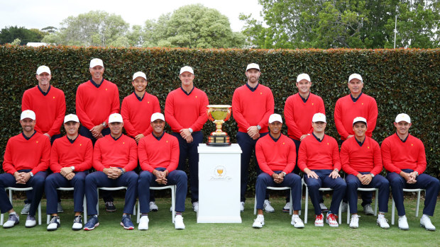 Assistant Captain Steve Stricker, Matt Kuchar, Xander Schauffele, Bryson DeChambeau, Dustin Johnson, Patrick Reed, Assistant Captain Fred Couples, (front L-R) Webb Simpson, Justin Thomas, Gary Woodland, Tony Finau, Playing Captain Tiger Woods, Assistant Captain Zach Johnson, Rickie Fowler and Patrick Cantlay pose for the United States team photo ahead of the 2019 Presidents Cup 