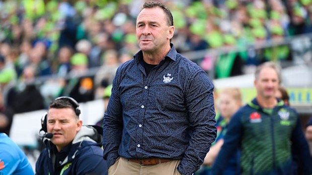 Ricky Stuart watches the Canberra Raiders on the sidelines
