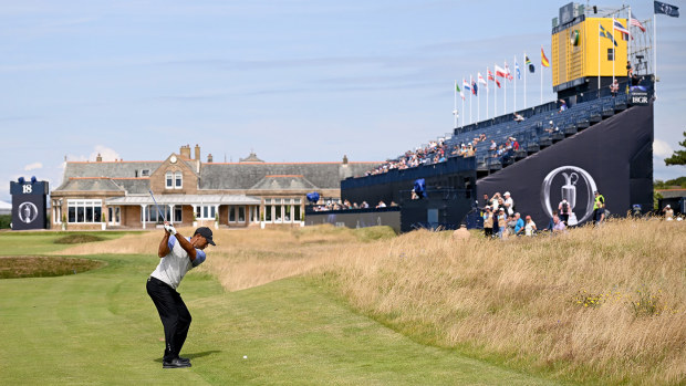 Tiger Woods of the United States plays a shot on the 18th hole during a practice round prior to The 152nd Open championship at Royal Troon on July 15, 2024 in Troon, Scotland. (Photo by Stuart Kerr/R&A/R&A via Getty Images)