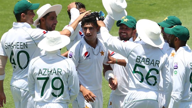 Naseem Shah of Pakistan celebrates after taking his first test wicket