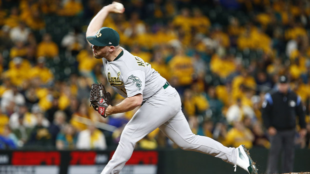 Liam Hendriks #16 of the Oakland Athletics