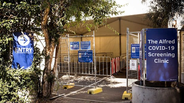 A totally empty COVID-19 testing site at the Alfred Hospital.