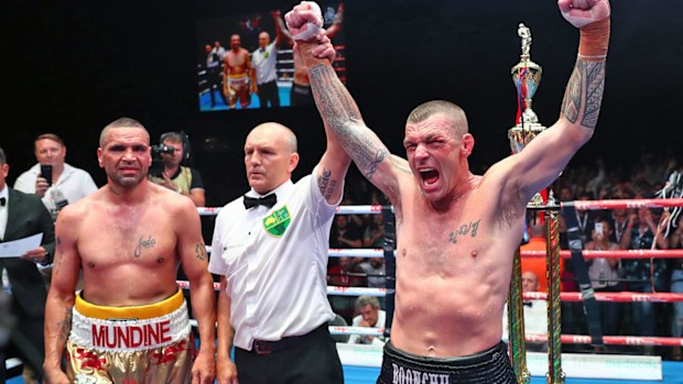 John Wayne-Parr fight celebrates winning against Anthony Mundine at the Brisbane Exhibition and Convention Centre