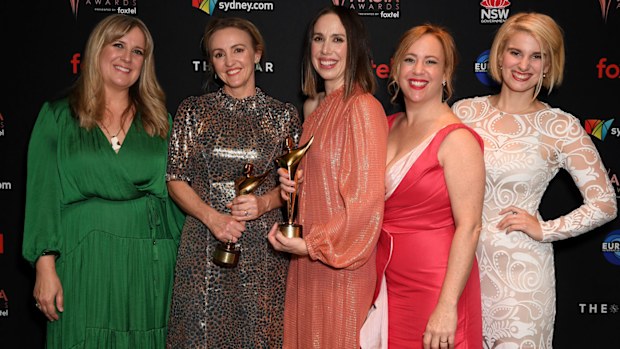 Linda Micsko, Sarah Scheller, Alison Bell, Sacha Horler and Nikita Agzarian pose for a photograph after winning the AACTA Award for best Comedy Program for The Letdown at the 2019 AACTA Awards at the Star in Sydney, Wednesday, December 4, 2019