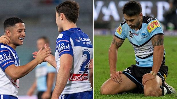Bulldogs celebrate the win over the Sharks
