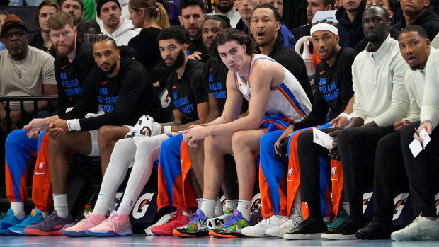 Josh Giddey pictured on the bench during the Thunder's clash against the Timberwolves