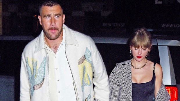 NEW YORK, NY - OCTOBER 15: Travis Kelce and Taylor Swift are seen leaving the SNL after party on October 15, 2023 in New York, New York. (Photo by MEGA/GC Images)
