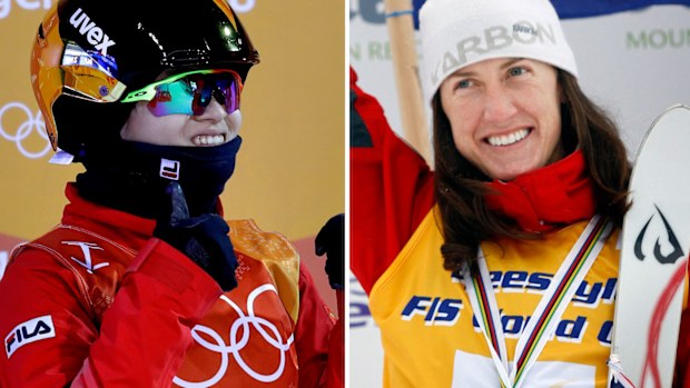 Yan Ting, of China, during the women's aerials qualifying at the 2018 Winter Olympics in Pyeongchang; and (right) a file photograph of Jacqui Cooper. (AAP)